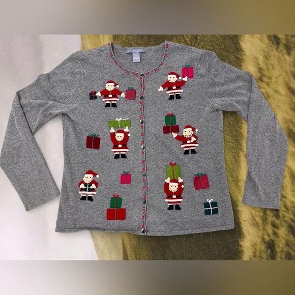 Novelty Christmas Santa Holiday Retro Embroidered Cardigan Jacket - Picture 8 of 10